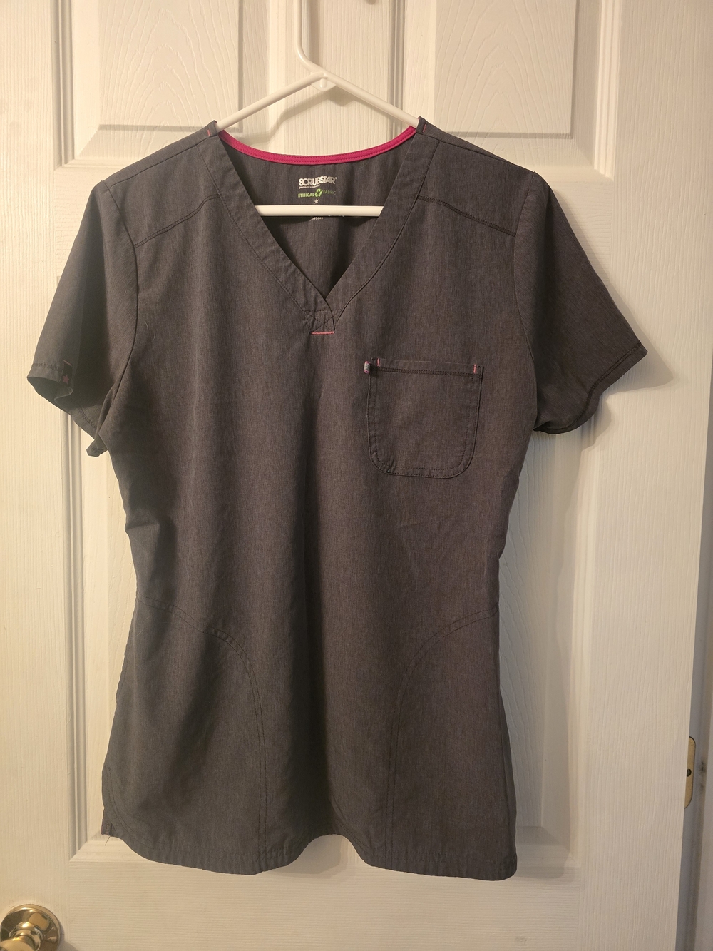 Scrubstar Women's Dark Gray V-Neck Scrub Top with Pink Trim